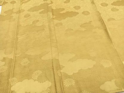 平和屋着物▽上質な色無地 単衣 雲取り花地紋 芥子色 正絹 逸品 AABC3996fy