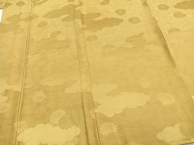平和屋着物▽上質な色無地 単衣 雲取り花地紋 芥子色 正絹 逸品 AABC3996fy