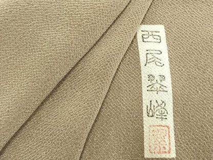 平和屋着物▽本加賀友禅作家 西尾翠峰 色無地 単衣 白橡色 鬼しぼ縮緬 正絹 逸品 AABC3997fy