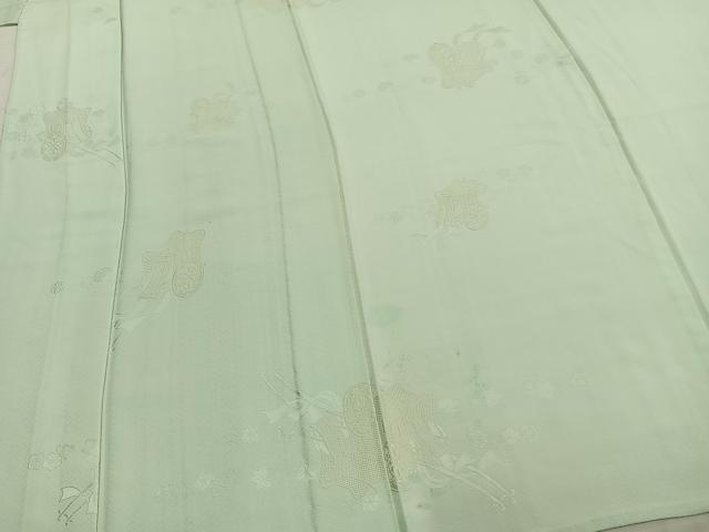 平和屋着物▽上質な色無地　単衣　御所車地紋　錆青磁色　正絹　逸品　AABC3998fy