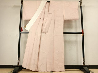 平和屋着物▽上質な色無地 単衣 雲取り花地紋 桜色 正絹 逸品 AABC3999fy