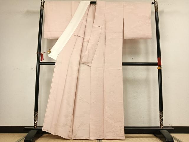 平和屋着物▽上質な色無地 単衣 雲取り花地紋 桜色 正絹 逸品 AABC3999fy
