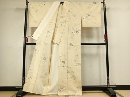平和屋着物▽上質な紬 単衣 花唐草文 正絹 逸品 AABC4011fy