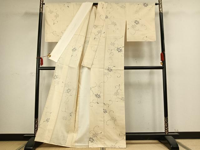 平和屋着物▽上質な紬 単衣 花唐草文 正絹 逸品 AABC4011fy