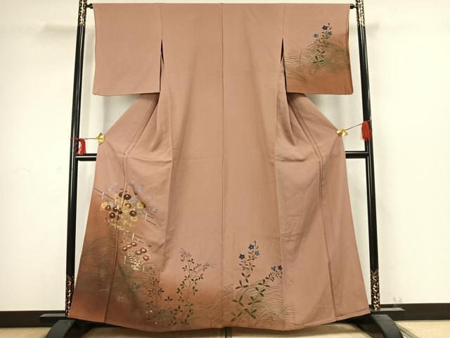 平和屋着物▽訪問着 単衣 手描き 草花文 暈し染め 金銀彩 正絹 逸品 AABC4019fy