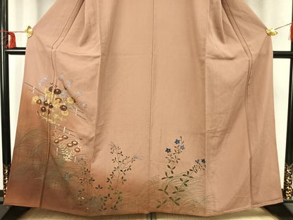 平和屋着物▽訪問着 単衣 手描き 草花文 暈し染め 金銀彩 正絹 逸品 AABC4019fy