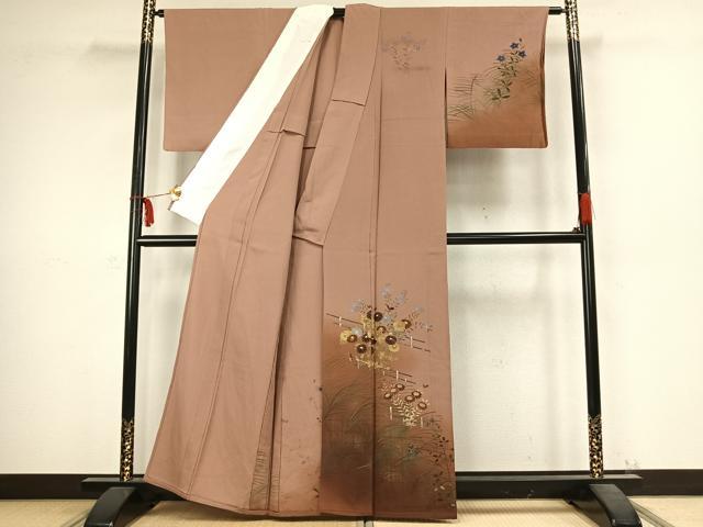 平和屋着物▽訪問着 単衣 手描き 草花文 暈し染め 金銀彩 正絹 逸品 AABC4019fy