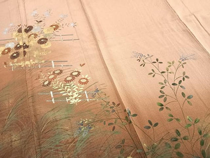 平和屋着物▽訪問着 単衣 手描き 草花文 暈し染め 金銀彩 正絹 逸品 AABC4019fy