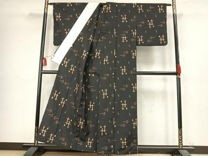 平和屋着物▽上質な紬 単衣 琉球絣 黒地 正絹 逸品 AABC4020fy