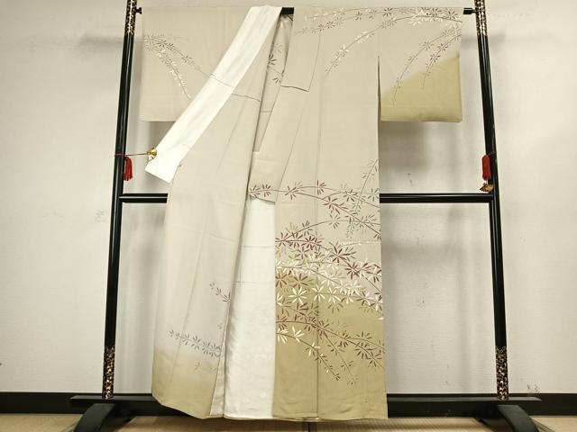 平和屋着物▽訪問着 単衣 作家物 草葉文 金彩 松坂屋扱い 正絹 逸品 AABC4026fy