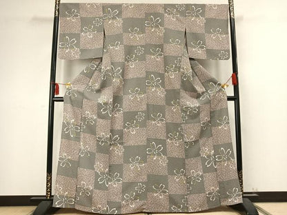 平和屋着物▽小紋 単衣 市松舞桜文 洗える着物 AABC4034fy