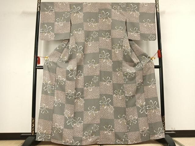 平和屋着物▽小紋 単衣 市松舞桜文 洗える着物 AABC4034fy