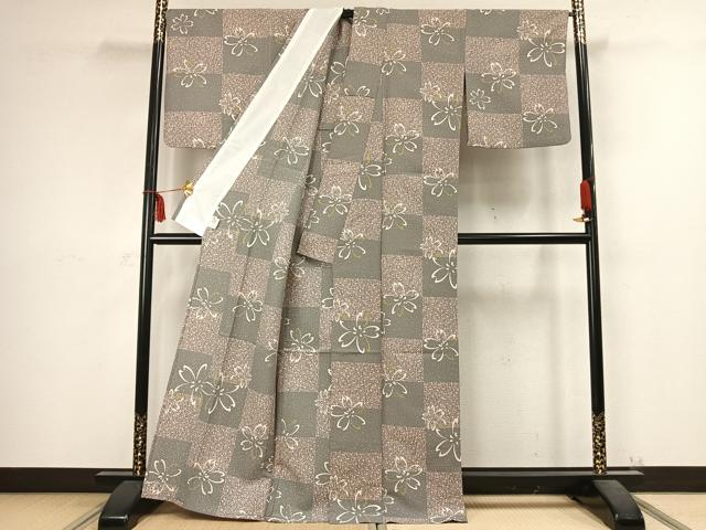 平和屋着物▽小紋 単衣 市松舞桜文 洗える着物 AABC4034fy