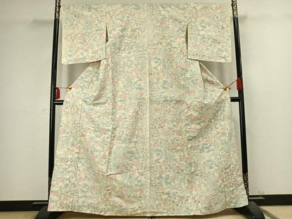 平和屋着物▽上質な紬 単衣 草花文 正絹 逸品 AABC4036fy