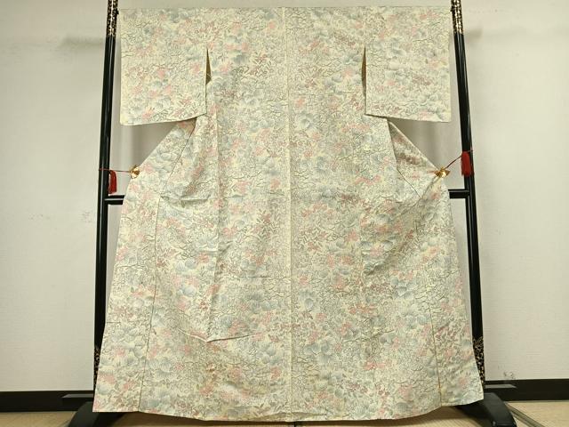 平和屋着物▽上質な紬 単衣 草花文 正絹 逸品 AABC4036fy
