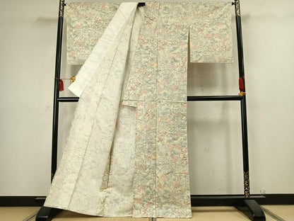 平和屋着物▽上質な紬 単衣 草花文 正絹 逸品 AABC4036fy