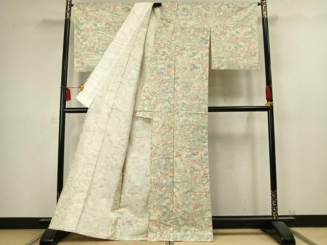 平和屋着物▽上質な紬 単衣 草花文 正絹 逸品 AABC4036fy