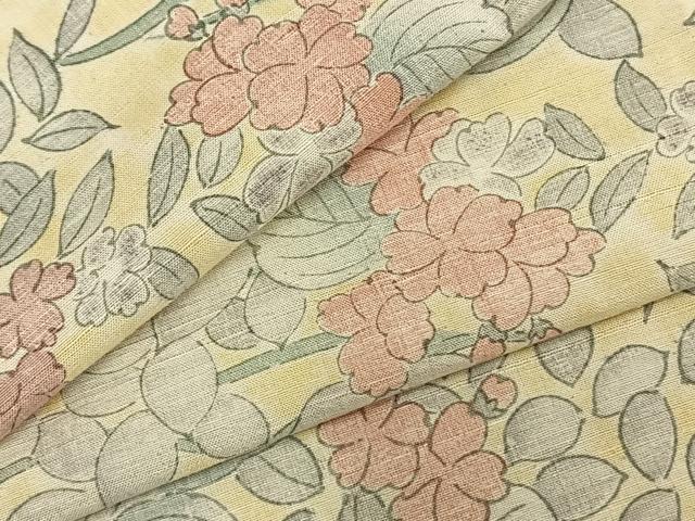 平和屋着物▽上質な紬 単衣 草花文 正絹 逸品 AABC4036fy