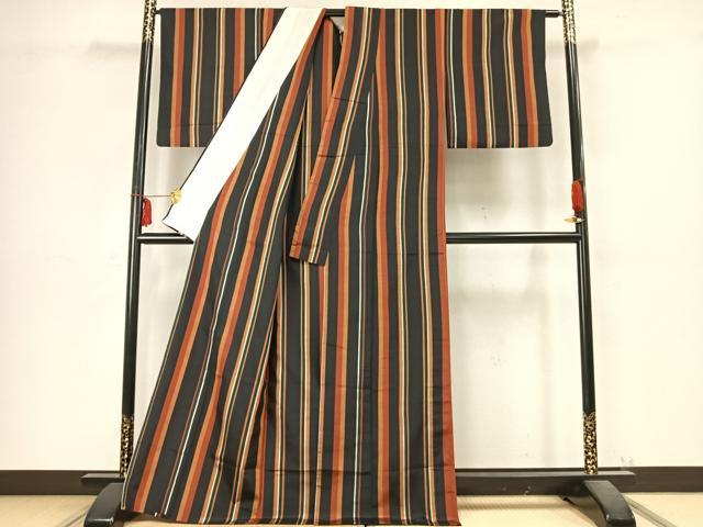 平和屋着物▽上質な紬 単衣 間道 正絹 逸品 AABC4038fy