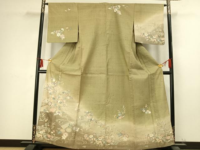 平和屋着物▽染織の名門 しょうざん 生紬 訪問着 単衣 草花文 暈し染め 金彩 正絹 逸品 AABC4048fy