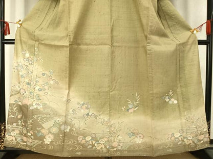 平和屋着物▽染織の名門 しょうざん 生紬 訪問着 単衣 草花文 暈し染め 金彩 正絹 逸品 AABC4048fy