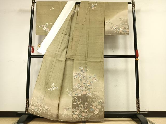 平和屋着物▽染織の名門 しょうざん 生紬 訪問着 単衣 草花文 暈し染め 金彩 正絹 逸品 AABC4048fy