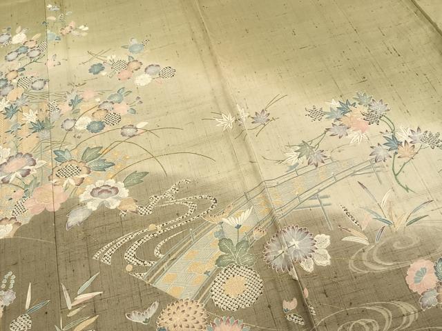平和屋着物▽染織の名門 しょうざん 生紬 訪問着 単衣 草花文 暈し染め 金彩 正絹 逸品 AABC4048fy