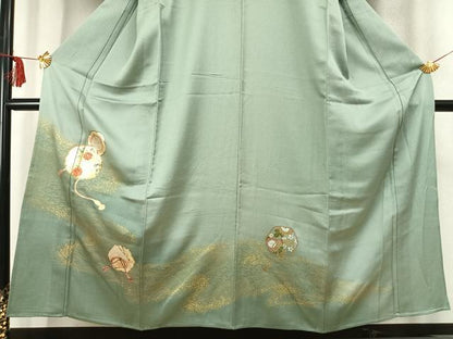 平和屋着物▽訪問着 単衣 駒刺繍 吉祥花文 金彩 正絹 逸品 AABC4055fy