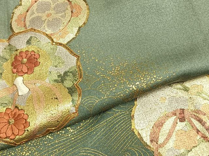 平和屋着物▽訪問着 単衣 駒刺繍 吉祥花文 金彩 正絹 逸品 AABC4055fy