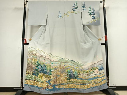 平和屋着物▽訪問着 単衣 友禅 作家物 風景花文 正絹 逸品 AABC4060fy