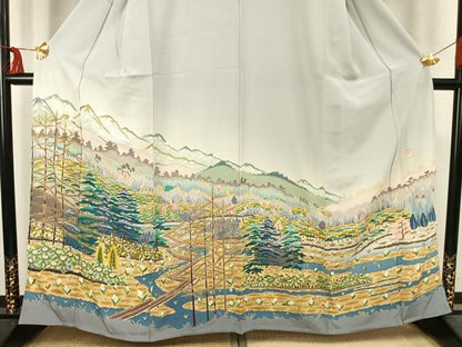 平和屋着物▽訪問着 単衣 友禅 作家物 風景花文 正絹 逸品 AABC4060fy
