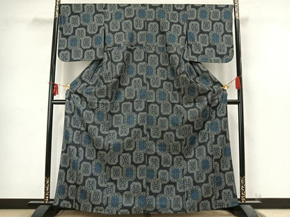 平和屋着物▽上質な紬 単衣 吉祥花文 正絹 逸品 AABC4066fy