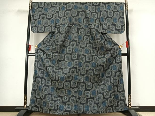 平和屋着物▽上質な紬 単衣 吉祥花文 正絹 逸品 AABC4066fy