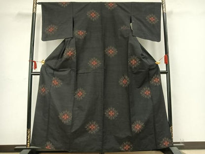 平和屋着物▽上質な紬 単衣 80亀甲 吉祥花文 黒地 正絹 逸品 AABC4069fy