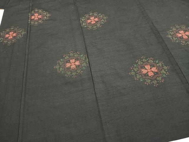 平和屋着物▽上質な紬 単衣 80亀甲 吉祥花文 黒地 正絹 逸品 AABC4069fy