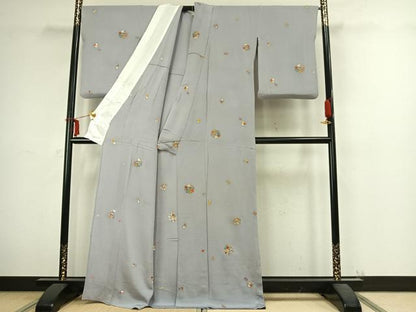 平和屋着物▽上質な小紋 単衣 刺繍 草花文 金彩 鬼しぼ縮緬 正絹 逸品 AABC4070fy