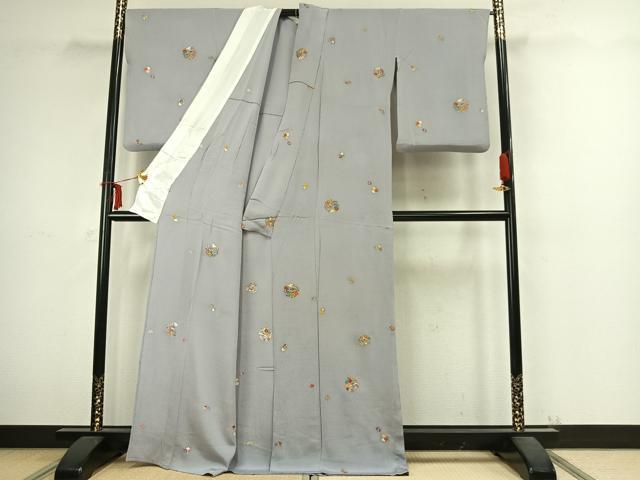 平和屋着物▽上質な小紋 単衣 刺繍 草花文 金彩 鬼しぼ縮緬 正絹 逸品 AABC4070fy