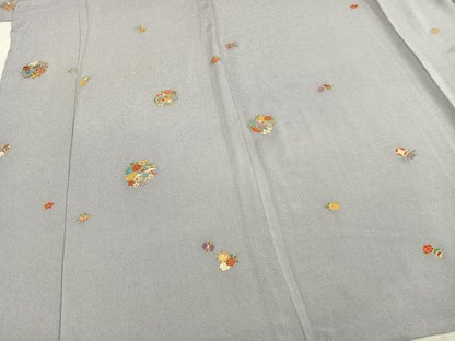 平和屋着物▽上質な小紋 単衣 刺繍 草花文 金彩 鬼しぼ縮緬 正絹 逸品 AABC4070fy
