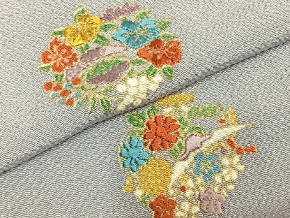 平和屋着物▽上質な小紋 単衣 刺繍 草花文 金彩 鬼しぼ縮緬 正絹 逸品 AABC4070fy