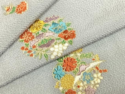 平和屋着物▽上質な小紋 単衣 刺繍 草花文 金彩 鬼しぼ縮緬 正絹 逸品 AABC4070fy