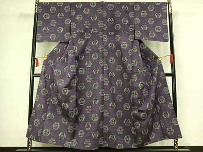 平和屋着物▽上質な紬 単衣 型染め 亀甲花文 正絹 逸品 AABC4074fy