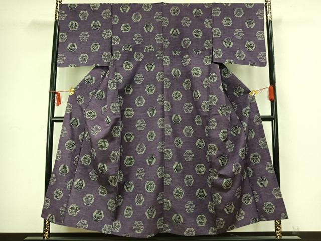 平和屋着物▽上質な紬 単衣 型染め 亀甲花文 正絹 逸品 AABC4074fy