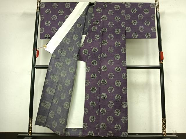 平和屋着物▽上質な紬 単衣 型染め 亀甲花文 正絹 逸品 AABC4074fy