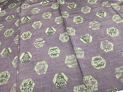 平和屋着物▽上質な紬 単衣 型染め 亀甲花文 正絹 逸品 AABC4074fy