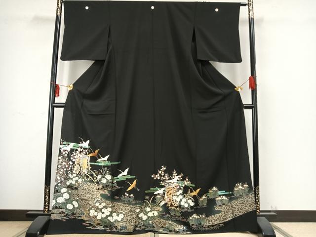 平和屋着物▽豪華黒留袖 単衣 御所車花文 鶴 黒地 金彩 ロング丈 正絹 逸品 AABC4081fy