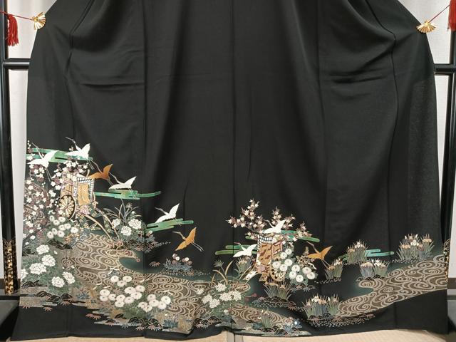 平和屋着物▽豪華黒留袖 単衣 御所車花文 鶴 黒地 金彩 ロング丈 正絹 逸品 AABC4081fy