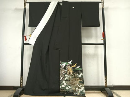 平和屋着物▽豪華黒留袖 単衣 御所車花文 鶴 黒地 金彩 ロング丈 正絹 逸品 AABC4081fy