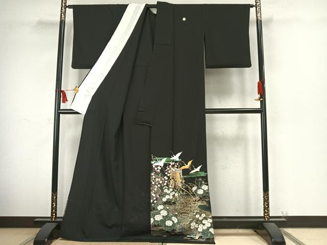 平和屋着物▽豪華黒留袖 単衣 御所車花文 鶴 黒地 金彩 ロング丈 正絹 逸品 AABC4081fy