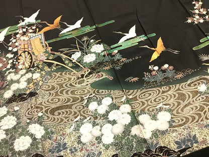 平和屋着物▽豪華黒留袖 単衣 御所車花文 鶴 黒地 金彩 ロング丈 正絹 逸品 AABC4081fy