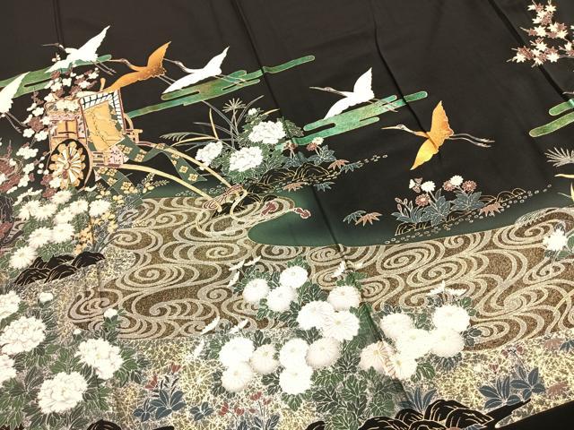 平和屋着物▽豪華黒留袖 単衣 御所車花文 鶴 黒地 金彩 ロング丈 正絹 逸品 AABC4081fy